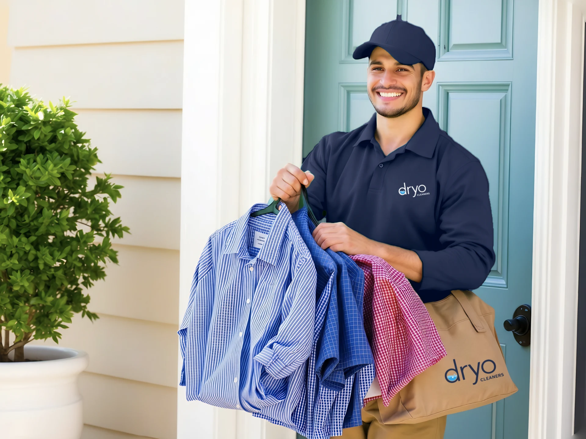 Premier Cleaners driver delivering pressed garments to a customer's front door