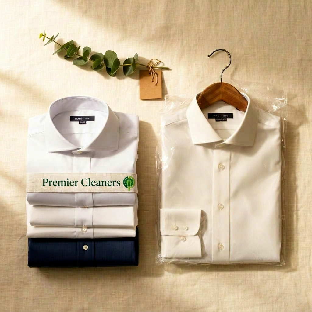 Folded dress shirts with Premier Cleaners banded label on cream linen
