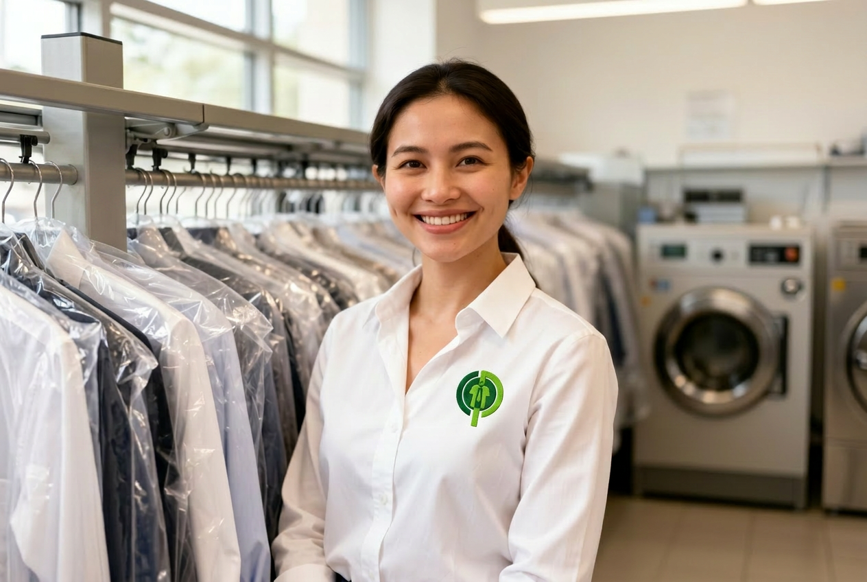 Premier Cleaners team member at the storefront counter